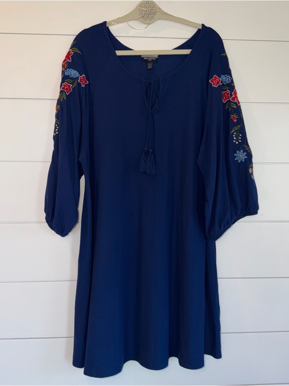 Allison Brittney Plus 2X Navy Blue Embroidered Dress Boho Balloon Sleeve Peasant